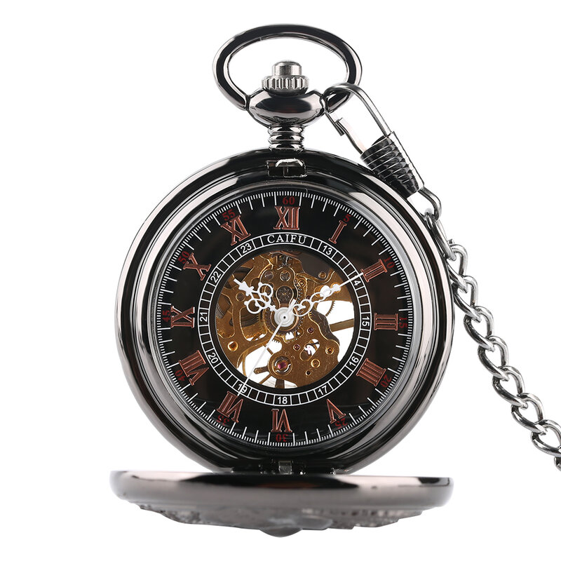 الفاخرة ساعة جيب الميكانيكية الأسود الجوف مزدوجة رافعة ساعة جيب es الأرقام الرومانية الطلب قلادة ساعة هدايا للرجال النساء