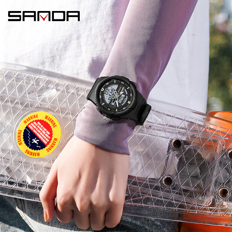 SANDA 9030 ساعة للرجال الأكثر مبيعاً موضة الاتجاه للرجال والنساء مقاوم للماء عرض مزدوج المنبه ساعة اليد