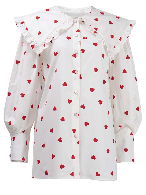 قمصان نسائية قطنية مطبوعة على شكل قلب ، ياقة كبيرة أنيقة من بيتر بان ، بلوزة مكشكشة ، ربيع ، خريف ، أنثى ، كاجوال ، فضفاض ، كم فانوس ، قمم