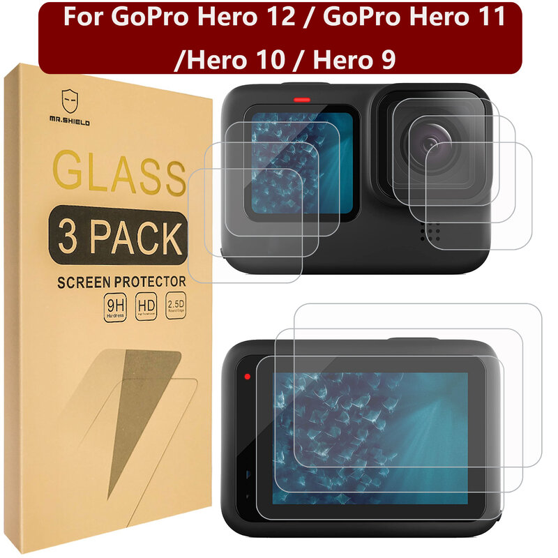 واقي شاشة Mr.Shield متوافق مع GoPro Hero 12 / GoPro Hero 11 / Hero 10 / Hero 9 [ظهر + عدسة + أمامي] 3-Pack [9 * Hero]