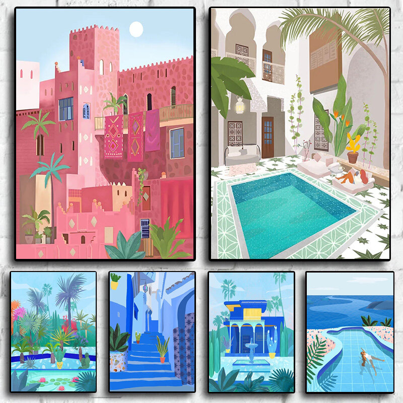 لوحة قماشية شمالية لديكور المنزل ، مغربي ، ملصق سفر ، حمام سباحة ، طباعة فنية ، صورة جدارية صيفية حديثة ، غرفة معيشة