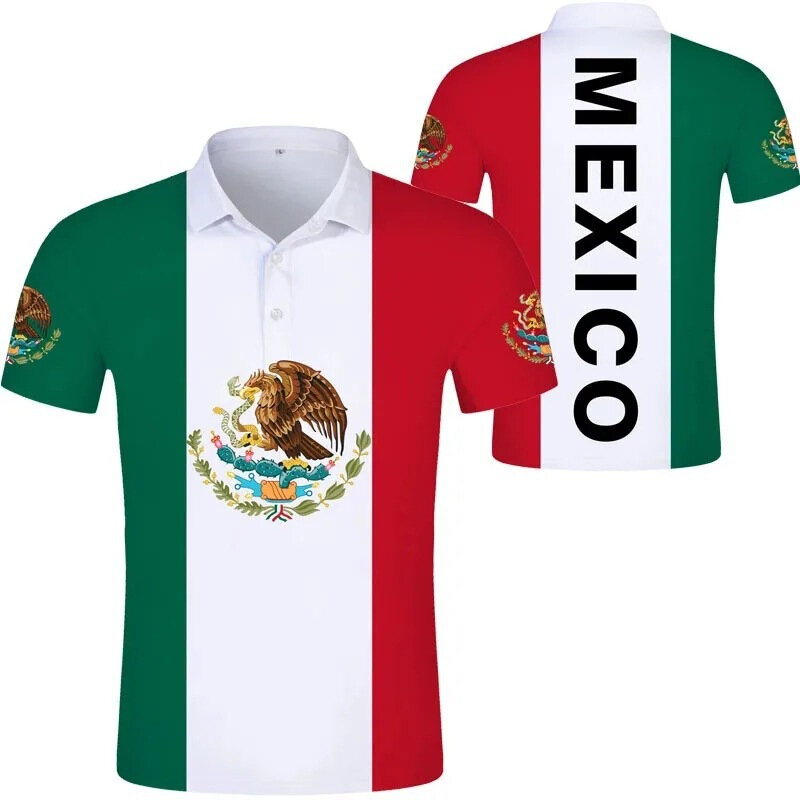 قميص بولو مطبوع ثلاثي الأبعاد للرجال والنساء ، علم المكسيك ، قمم بأكمام قصيرة ، قمصان بأزرار طية صدر ، أزياء عالية الجودة