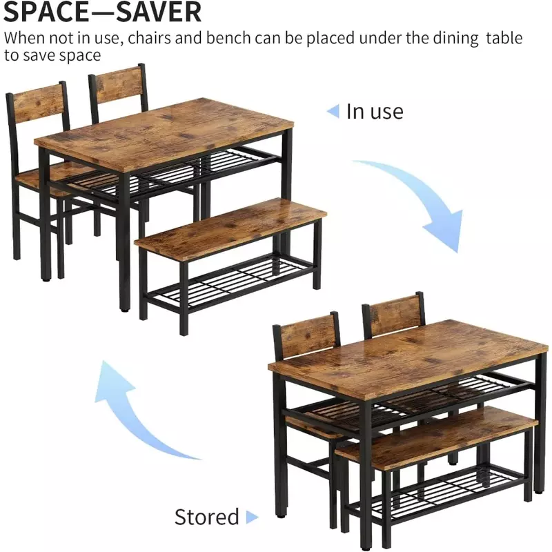 مجموعة طاولة طعام مع رف تخزين ، طاولة طعام صناعية مع مقعد وكراسي لـ 4 ، إطار معدني ، مجموعة طاولة مطبخ ، 4 قطع