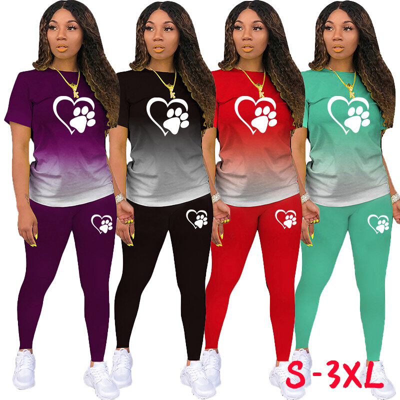 مجموعة بطباعة متدرجة من قطعتين للنساء ، على شكل قلب ، مخكب قطة ، بنطلون بأكمام قصيرة ، رياضة غير رسمية ، اتجاه ، 8 ألوان