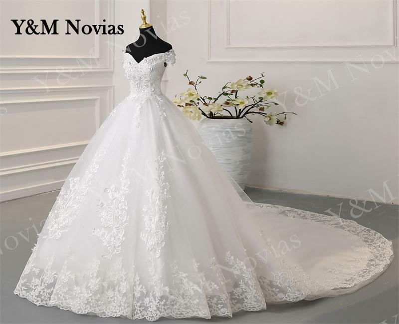 Y & M Novias قبالة الكتف حجم كبير Vestido De Noiva 2023 فستان الزفاف قطار أو الطابق مخصص حجم كبير الزفاف تول Mariage