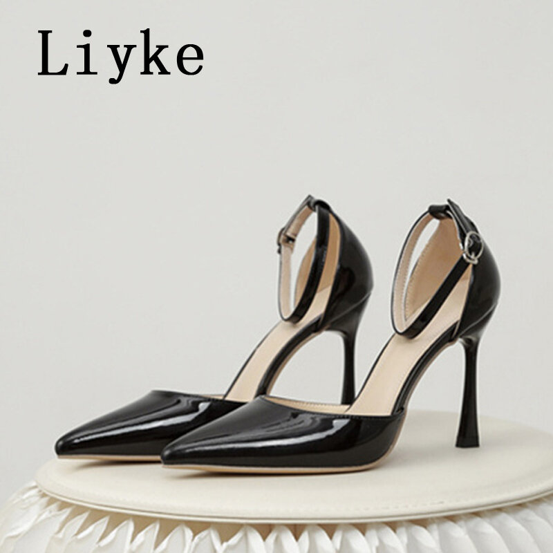 مضخات جلد Liyke عالية الجودة لبراءة الاختراع للنساء ، مقدمة مدببة مثيرة ، حزام مشبك ، كعب خنجر للسيدات ، صنادل ذات ظهر مقلاع