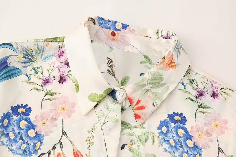 قميص ملمس ساتان مطبوع عليه زهور للنساء ، كم طويل كلاسيكي ، بلوزة بأزرار ، موضة الجوكر الأنيقة ، جديد ،