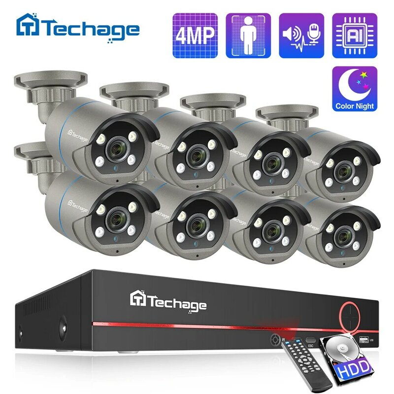 Techage-CCTV نظام الأمن عدة ، كشف الوجه ، في الهواء الطلق اتجاهين الصوت ، كاميرا IP ، P2P مجموعة مراقبة الفيديو ، 8CH HD ، 4MP POE NVR ، H.265