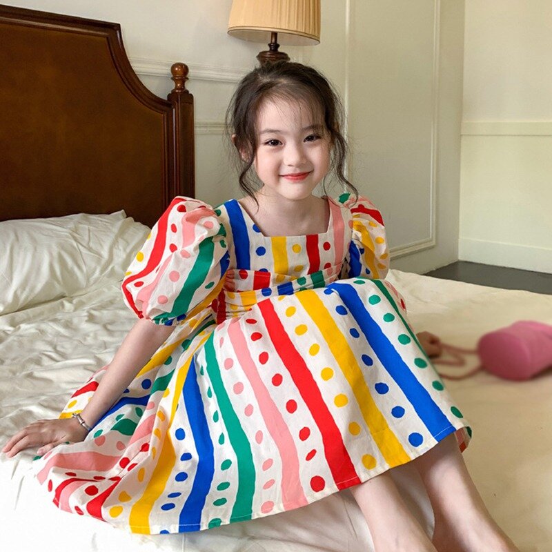 فستان صيفي مع طباعة منقطة ملونة للبنات ، فستان منفوش ، صديق للجلد ، رقبة مربعة ، طول الركبة ، 3-8 طن