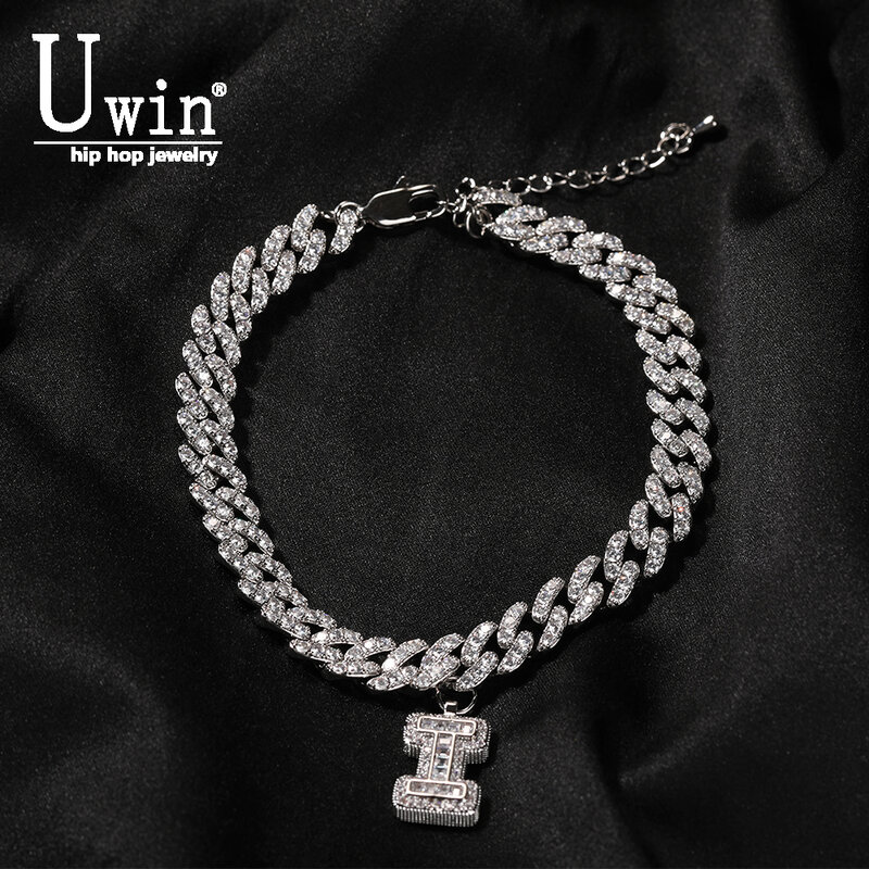 Uwin-مخصص الرغيف الفرنسي رسائل قلادة ، مثلج خارج الكوبي ربط خلخال ، تمديد سلسلة ، موضة حلية المجوهرات هدية ، 9 مللي متر ، 2"