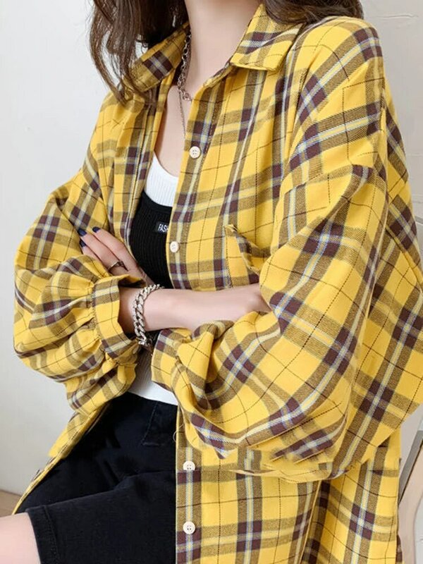 JMPRS موضة منقوشة المرأة قميص موضة الكورية بلوزات كبيرة الحجم Harajuku اليومية كل مباراة طويلة الأكمام شيك الإناث قمصان صفراء جديدة