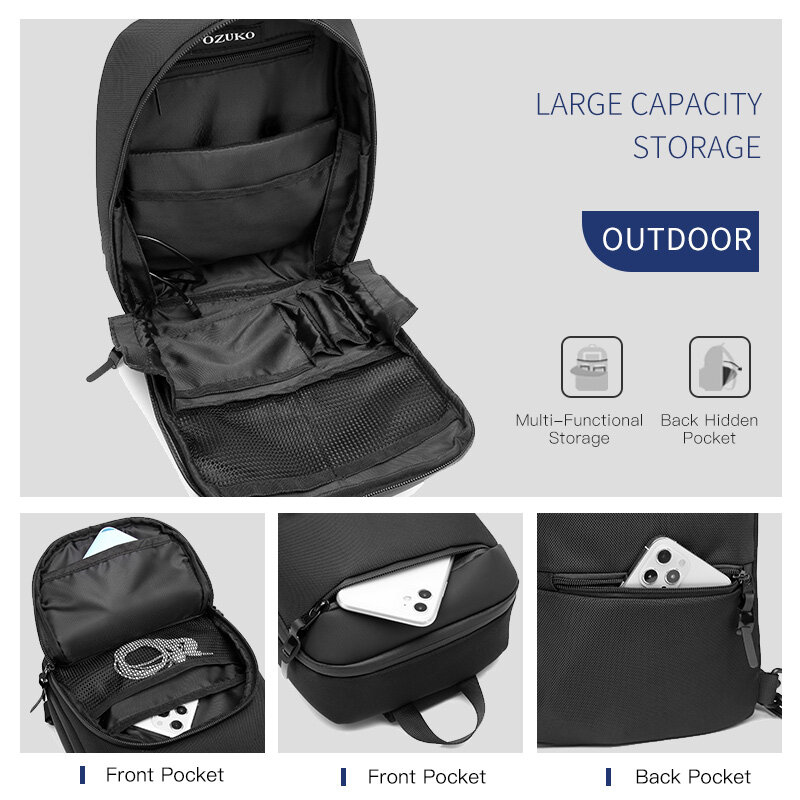 OZUKO-حقيبة أكسفورد متقاطعة مع الجسم مقاومة للماء للرجال ، حقيبة قصيرة للسفر ، حقيبة صدر كاجوال ، حقيبة كروس بودي للشحن USB ، جودة للذكور