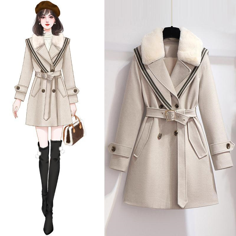 Wool Blends for Women Autumn Winter Lady Graceful Slim Long Jacket with Waistbelt Fashion Fur Collar Double Button Outerwear
