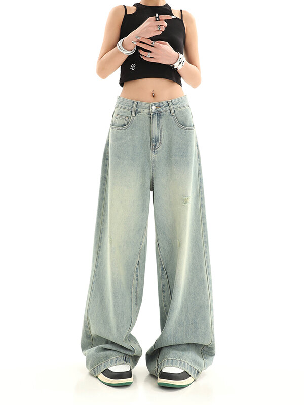جينز راقٍ مستقيم عالي الخصر للنساء ، تصميم ممزق ، بنطال جينز نسائي ، بنطلون أنيق ، ملابس الشارع ، أسلوب هاريكاز