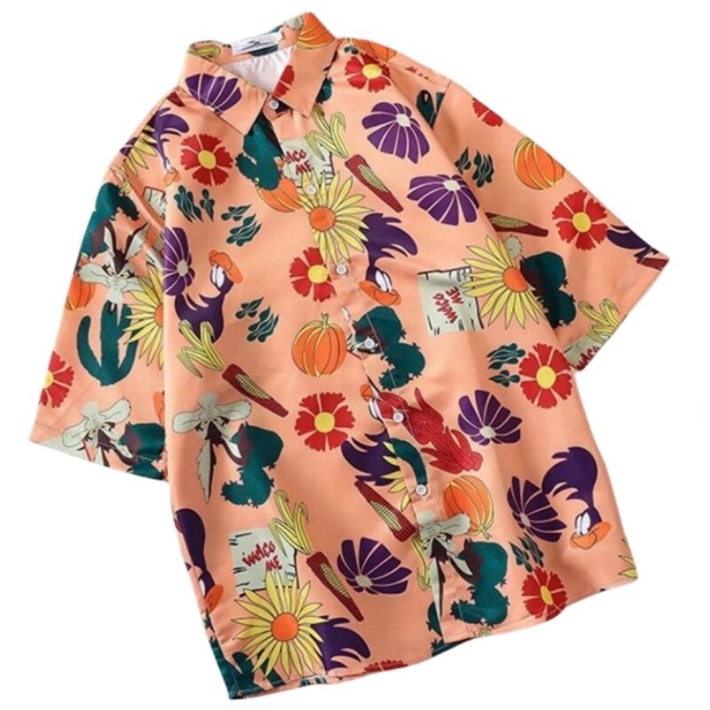 قميص رجالي رقيق قصير الأكمام بزهور ، جاكيت شاطئ هاواي فضفاض وسيم ، أزياء الصيف