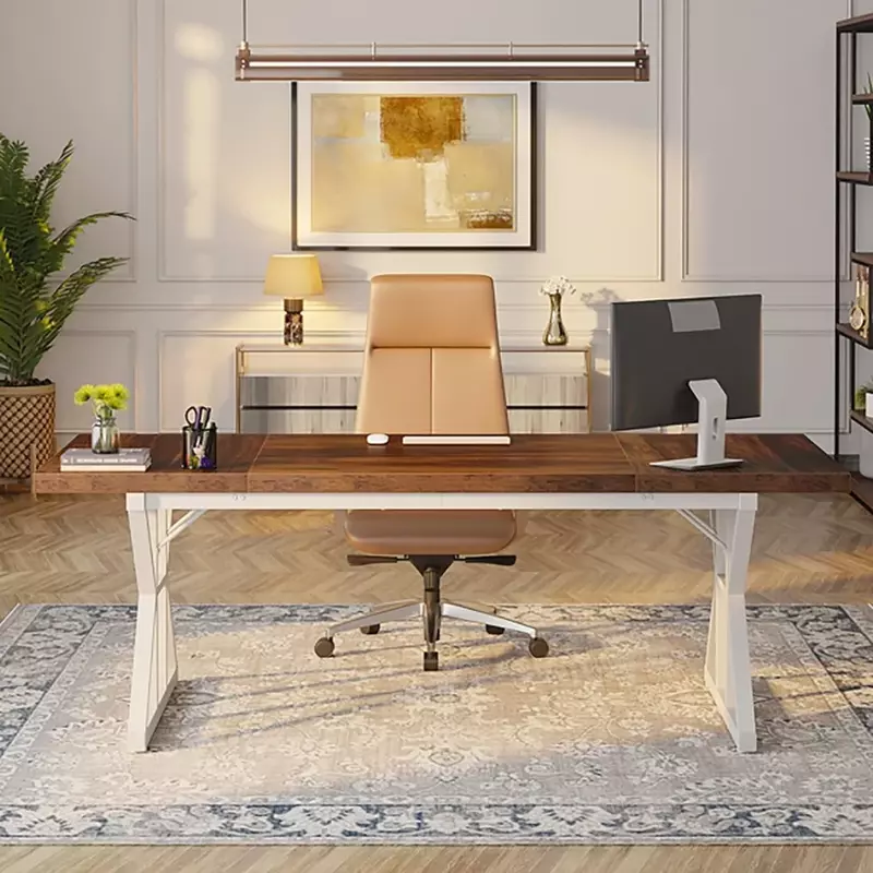 مكتب لاب توب حديث بتصميم بسيط ، مكتب مكتب ، مكتب دراسة ، مكتب كتابة ، منزل ، بني ، أبيض ،
