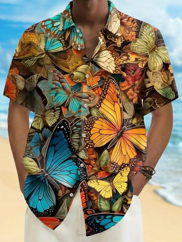 قميص هاواي رجالي مطبوع ثلاثي الأبعاد ، زر ملون ، بأكمام قصيرة ، تي شيرت صيفي ، عصري ، عطلة شاطئ ، قميص يومي
