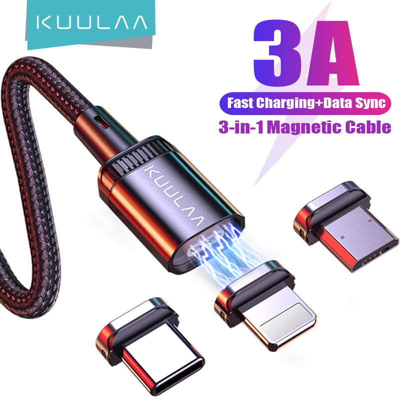 KUULAA LED المغناطيسي USB كابل 3A شحن سريع نوع C كابل المغناطيس شاحن مايكرو USB كابل آيفون شاومي poco سامسونج الحبل