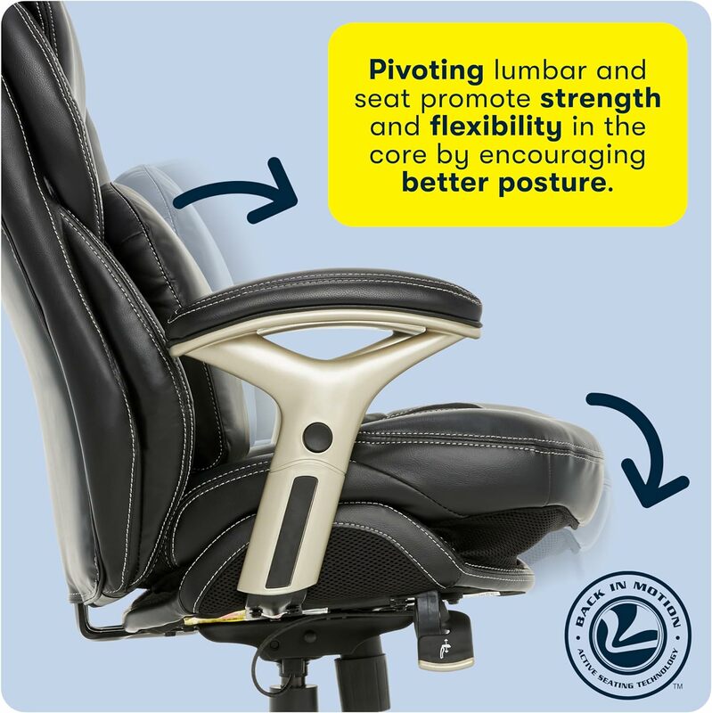 كرسي مكتب متوسط الظهر مريح قابل للتعديل مع دعم قطني ، جلد أسود مربوط ، تكنولوجيا حركة ، مكتب تنفيذي