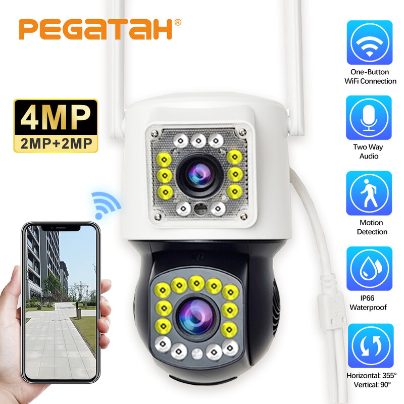 PEGATAH-كاميرا مراقبة لاسلكية خارجية CCTV ، عدسة مزدوجة ، كشف بشري ، تتبع تلقائي ، شاشة مزدوجة ، PTZ ، واي فاي ، 4MP