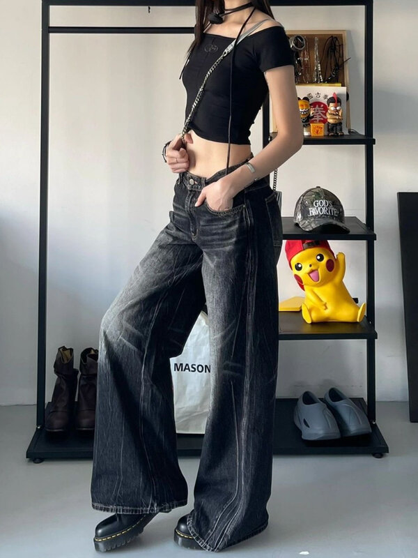 QWEEK-جينز نسائي فضفاض Y2K كلاسيكي ، ملابس شارع سوداء ، بنطال واسع الساق ، هاراجاكي ، ملابس مغسولة ، بنطلون جينز ، هيب هوب