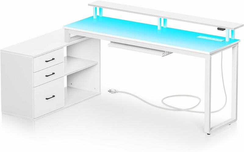 مكتب كمبيوتر مع أدراج ومأخذ طاقة ، مكتب أبيض على شكل حرف L قابل للعكس ، شريط LED وصينية لوحة مفاتيح ، 55 "Ho