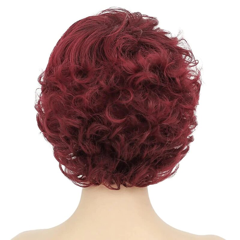 النبيذ الأحمر لينة الاصطناعية مقاومة للحرارة الشعر استبدال كامل الباروكات المرأة قصيرة مجعد شعر مستعار يوميا
