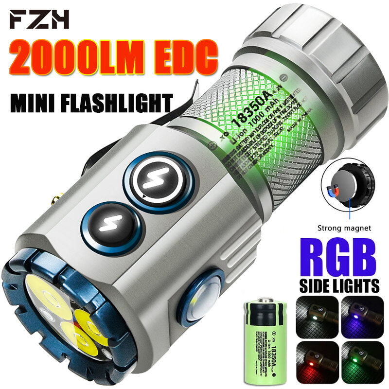 مصباح يدوي EDC LED قابل لإعادة الشحن USB ، شعلة ، مصباح جانبي RGB ، مقاوم للماء مع مشبك مغناطيسي ، فانوس تخييم ، صيد السمك ، LM ، 3