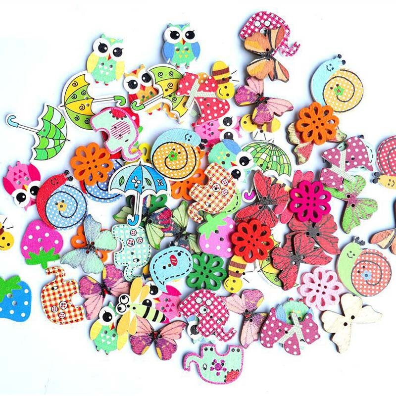 50PCS Animal Shaped Wooden Sewing Buttons Scrapbooking DIY Colorful Wood 2 Holes Button for Crafts Scrapbooking Accessories