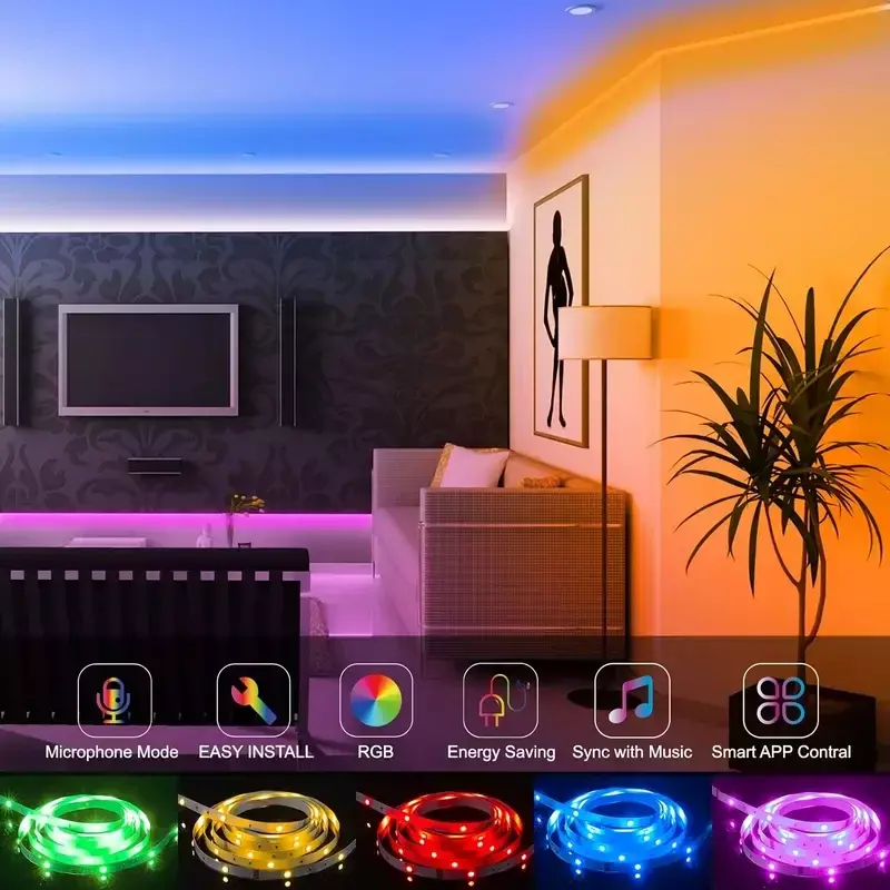 شريط إضاءة LED USB للحفلات وأجهزة الكمبيوتر ، إضاءة بلوتوث ، Luces للتحكم في التطبيق ، مزامنة الموسيقى ، USB RGB ، 44 مفتاحًا ، من 1 م إلى 40 م