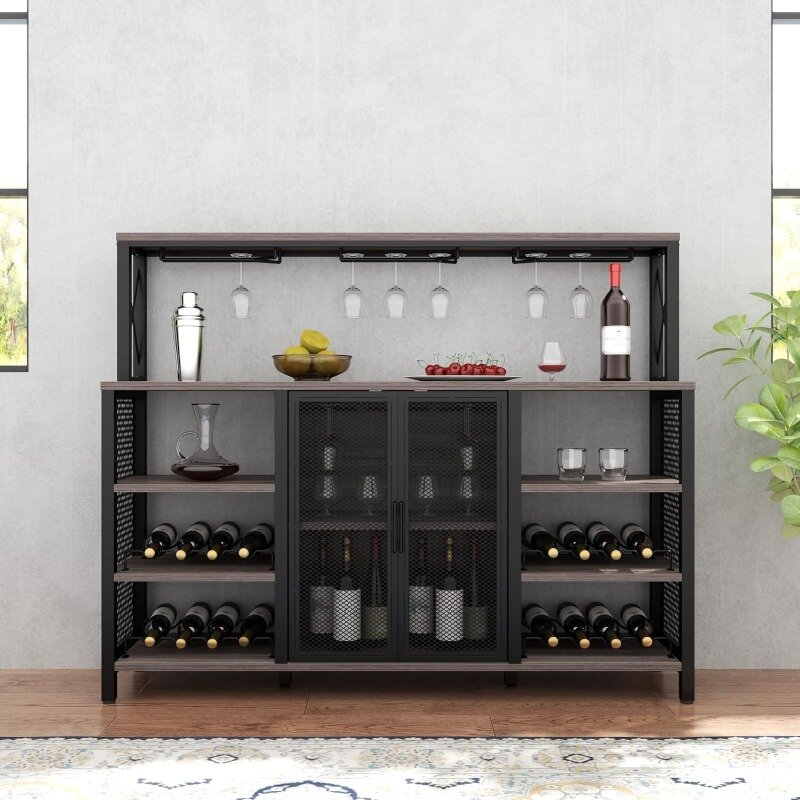 خزانة بار قهوة صناعية مع رف نبيذ وحامل زجاجي ، خزانة بوفيه جانبية للمطبخ ، 55"