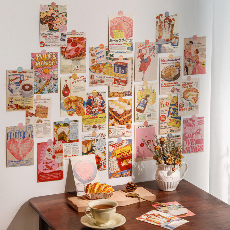 Ins Vintage الخبز الصحف القديمة البطاقات البريدية لطيف صور الدعائم غرفة خلفية الجدار Diy بها بنفسك بطاقة الزخرفية 30 ورقة ملصق مجاني