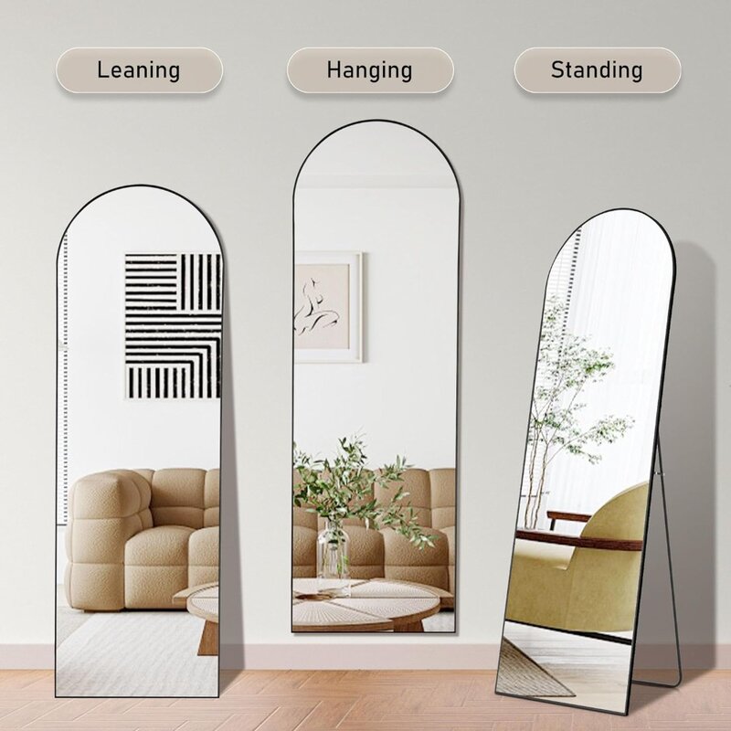 مرآة كاملة الطول مقوسة من OLIXIS لغرفة النوم ، مرآة لكامل الجسم مع حامل ، تعليق أو إضاءة للجدار ، سبائك الألومنيوم ، 64 بوصة × 21 بوصة