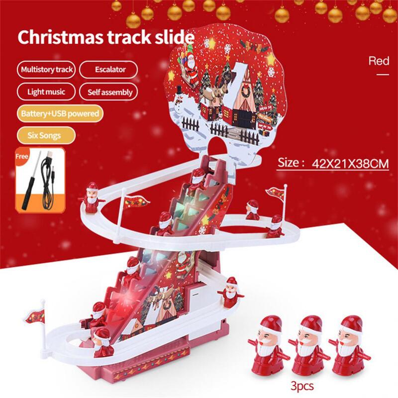 الاطفال الكهربائية سانتا كلوز تسلق الدرج لعبة Rail بها بنفسك السكك الحديدية سباق المسار الموسيقى الرول كوستر بطة لعبة للطفل الاطفال عيد الميلاد هدية