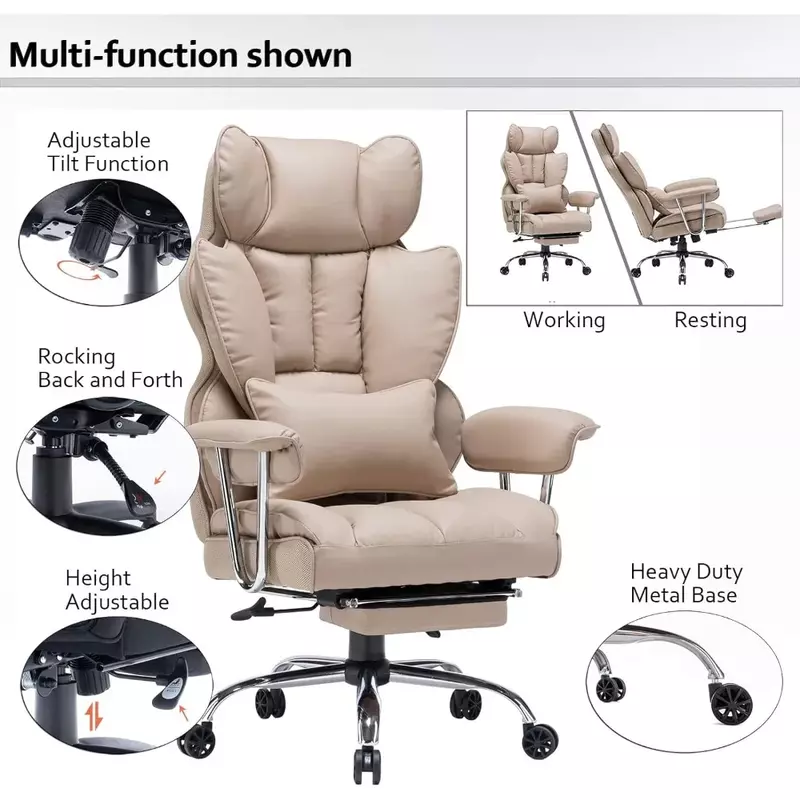 كرسي مكتب من الجلد الصناعي مع مسند للساق ودعم للخصر ، كرسي كمبيوتر طويل ، بيج غامق ، 400 رطل