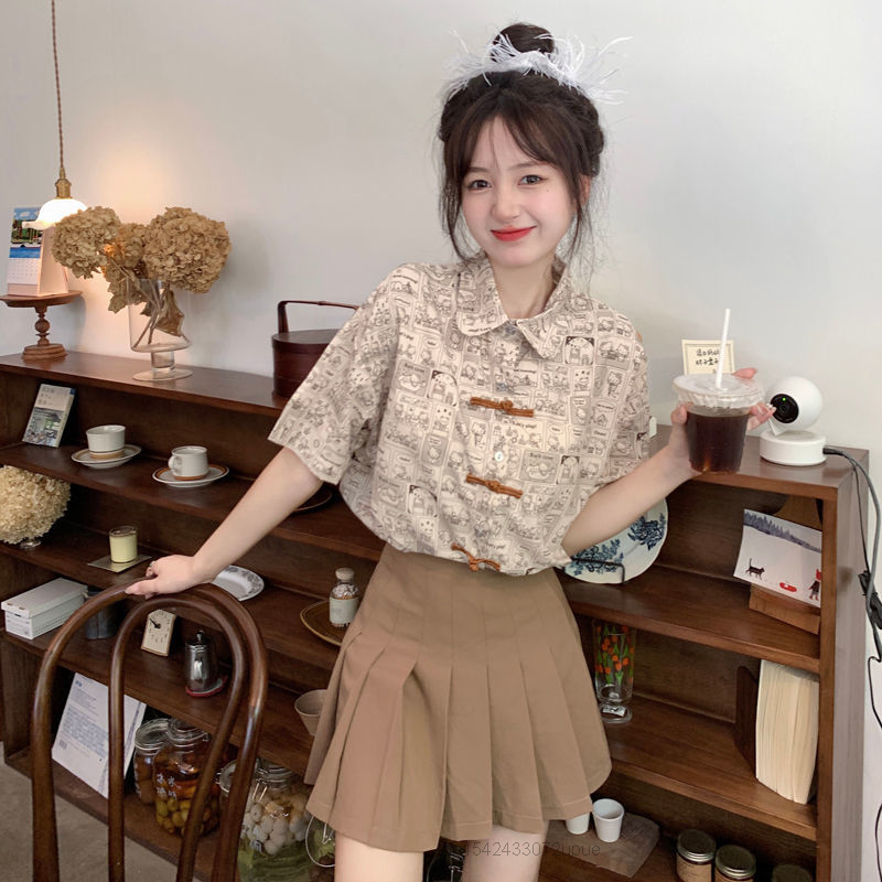 ملابس Sanrio تصميم Chinoiserie مرحبا كيتي طباعة الصيف قمصان الإناث قصيرة الأكمام بلايز المرأة بلوزة رقيقة عادية العصرية قميص
