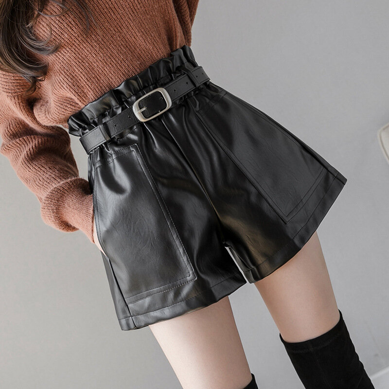 بولي Leather السراويل الجلدية النساء السراويل موضة الكورية للفتيات الشارع الشهير غير رسمية عالية الخصر السراويل واسعة الساق السراويل جيب كبير مع حزام