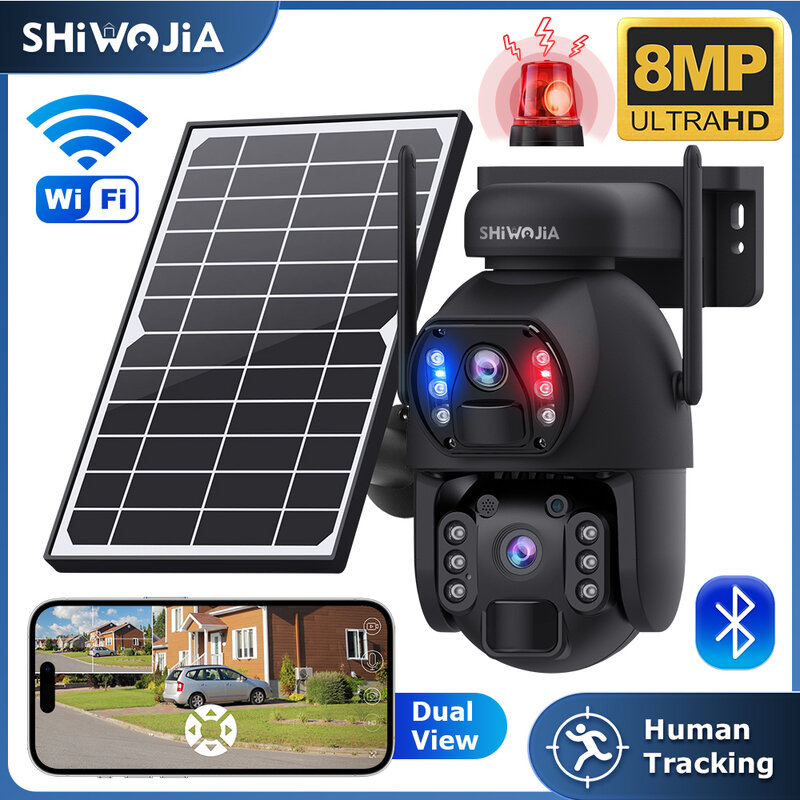 SHIWOJIA-كاميرا تعمل بالطاقة الشمسية ، رؤية ليلية ، عدسة مزدوجة ، خارجية ، واي فاي ، بطارية ، كشف بشري PIR ، 4K ، 8mp ، 4G LTE