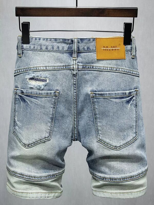 بنطلون جينز رجالي بتصميم صيفي أنيق بنطلون جينز قصير ممزق نمط الهيب هوب أزرق مغسول عتيق للرجال