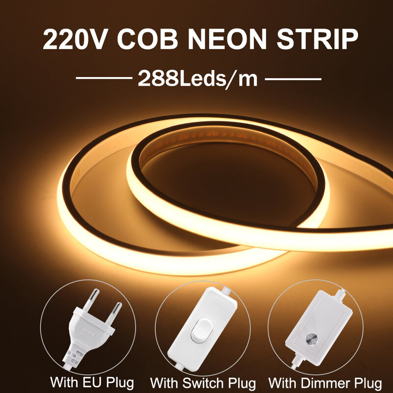 COB LED النيون قطاع الخفيفة للإضاءة المطبخ ، مرنة في الهواء الطلق الشريط مع التبديل ، باهتة الاتحاد الأوروبي قابس الطاقة ، 220 فولت ، 288 المصابيح لكل متر ، CRI ، RA90