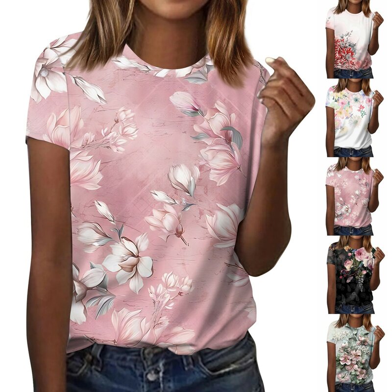 قمصان نسائية بأكمام قصيرة مطبوعة بزهور ، بلوفر علوي برقبة مستديرة ، بلوزة متعددة الاستخدامات ضيقة النوع ، موضة غير رسمية