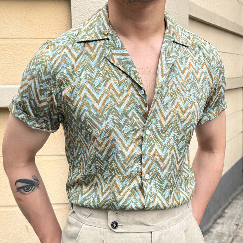قميص صيفي لعام 2023 قميص هيب هوب غير رسمي لقضاء العطلات استوائي قميص رجالي هاواي ملابس الشارع الشهير قميص شاطئ مطبوع بشكل هندسي عتيق عتيق