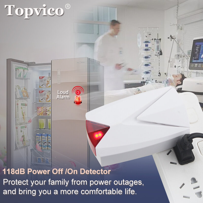 Topvico 2 قطعة انقطاع التيار الكهربائي إنذار إيقاف + على كاشف تنبيه 100 فولت-220 فولت الفريزر/الطبية انقطاع الاستشعار 118dB بصوت عال صفارات الإنذار مع LED