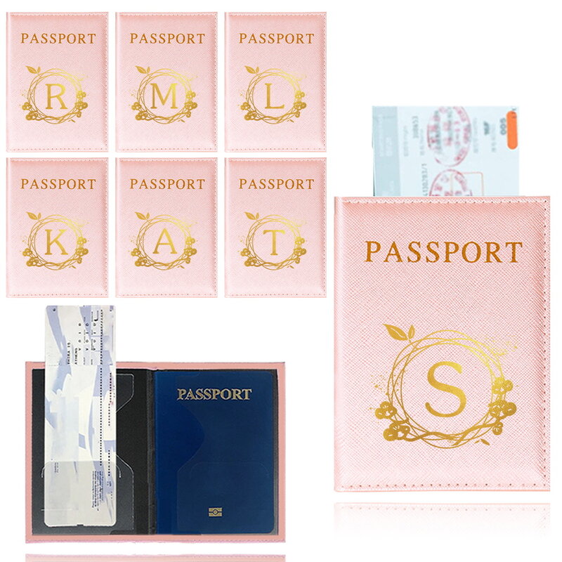 غلاف جواز سفر من الجلد الصناعي ، حامل جواز السفر ، سلسلة طباعة إكليل الزهور ، اللون الوردي ، ملحق السفر المضاد للقاذورات