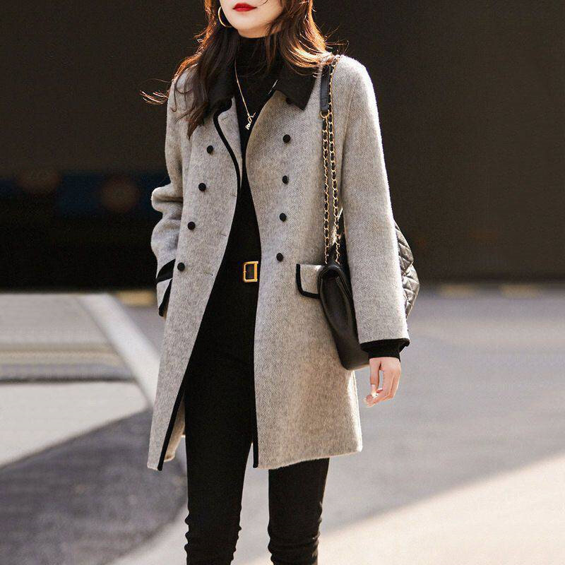 المرأة الكورية ضئيلة معطف غير رسمي ، عالية الجودة معطف الصوف ، التباين لون الصوف ، منتصف العمر الإناث الموضة ، الخريف ، الشتاء ، جديد
