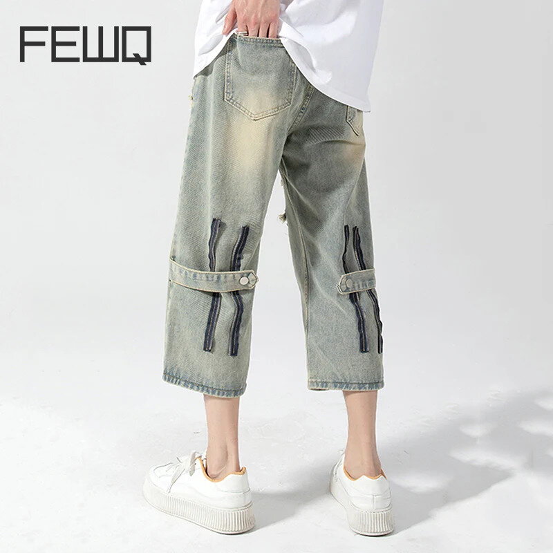 FEWQ-جينز رجالي رفيع فضفاض بساق مستقيمة ، الموضة الأمريكية ، تصميم بسحاب ، فتحة مكسورة ، بنطال رجالي صيفي ، 24X9011 ، 24X9011
