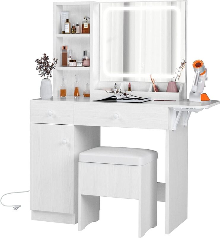 مكتب زينة مع مرآة مضيئة ومخرج طاقة ، طاولة مكياج بأدراج وخزانة ، كرسي تخزين أبيض ، غرفة نوم ، تخزين