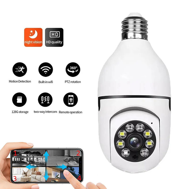 كاميرا CCTV مع رؤية ليلية بالأشعة تحت الحمراء ، مصباح أمان منزلي ، كاميرا شبكة لاسلكية ، كاميرا IP ، واي فاي ، P ، لمبة ، مراقبة بالفيديو ، E27