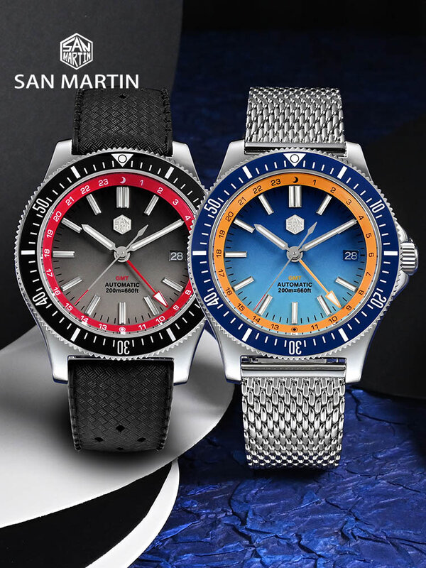 سان مارتن-ساعة غوص أوتوماتيكية ، سوار ميكانيكي ، مقاوم للماء ، مضيء ، GMT ، NH34 ، إصدار سريع ، تصميم أصلي ، 41 ، فافة ، m ، SN0119