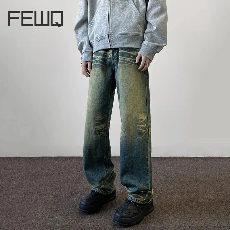FEWQ-بنطال جينز واسع الساق للرجال ، جينز رجالي عصري ، ملابس صيفية ، ألوان متباينة ، بنطال شارع مرتفع ، جديد ، 24X9037